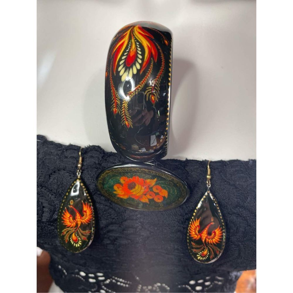 Hand Painted Peacock Wide Bangle & Dangle Earrings Set & Hand Painted Brooch Pin